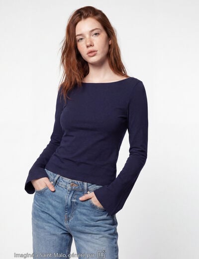 T-shirt cintr&eacute; col rond manches longues bleu marine