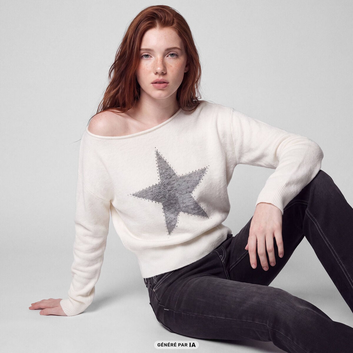 Pull col bateau manches longues strass ecru