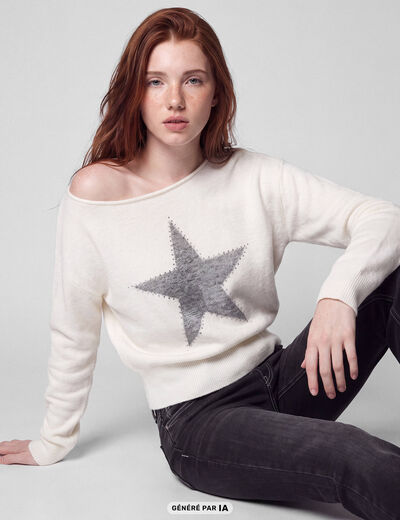 Pull col bateau manches longues strass ecru