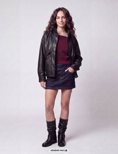 Veste oversize similicuir col biker noir