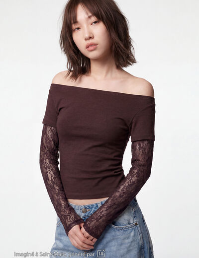 Haut double col bateau manches longues marron fonc&eacute;