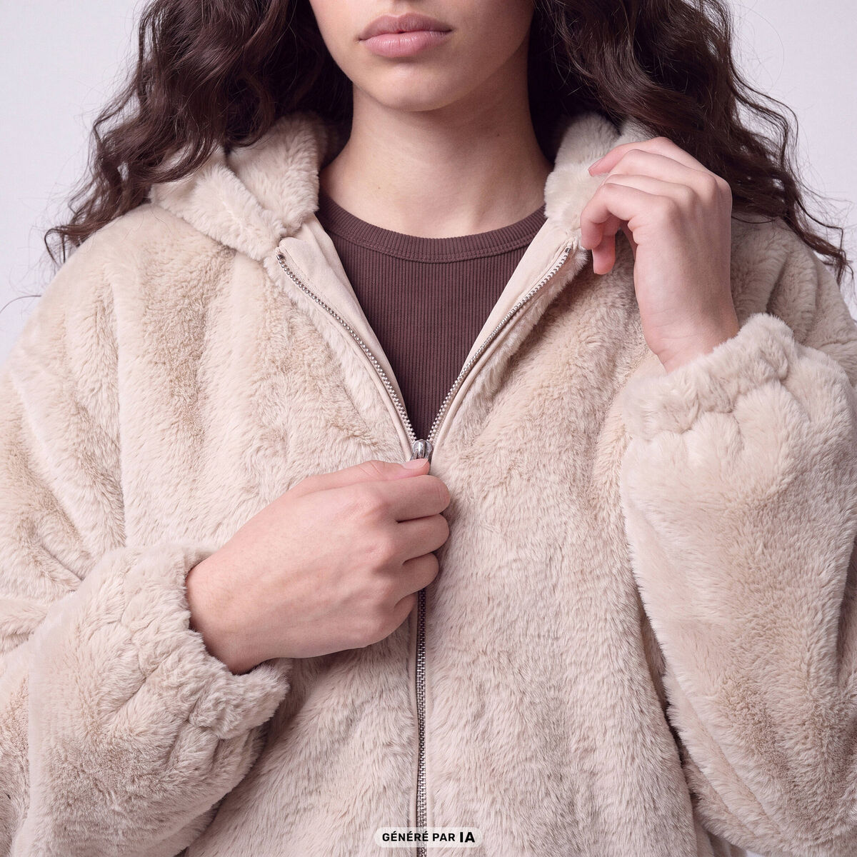 Blouson capuche fausse fourrure ecru