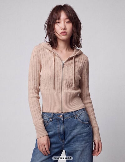 Gilet &agrave; capuche manches longues beige
