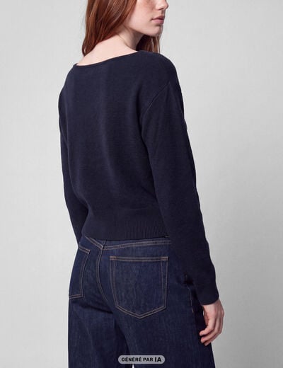 Pull col bateau manches longues strass bleu marine