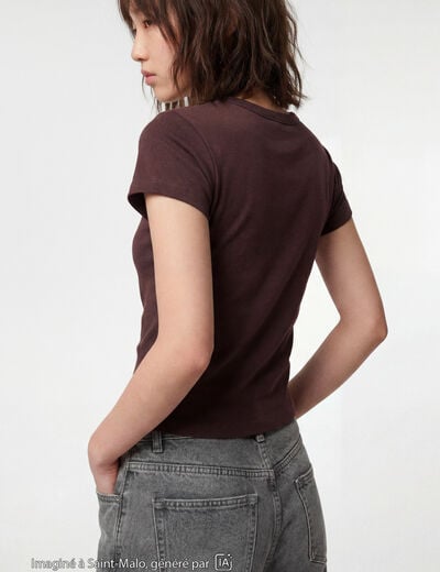 T-shirt ajust&eacute; col rond manches courtes marron fonc&eacute;