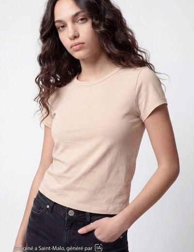 T-shirt ajust&eacute; col rond manches courtes marron clair ado