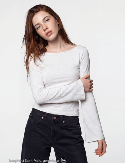 T-shirt cintr&eacute; col rond manches longues blanc