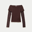 Haut double col bateau manches longues marron fonc&eacute;