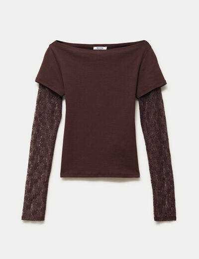 Haut double col bateau manches longues marron fonc&eacute;