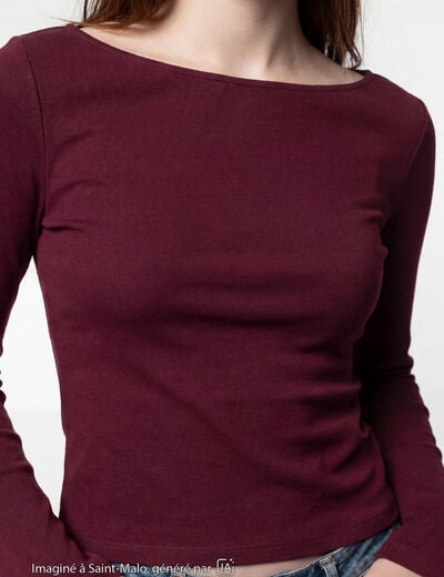 T-shirt cintr&eacute; col rond manches longues bordeaux