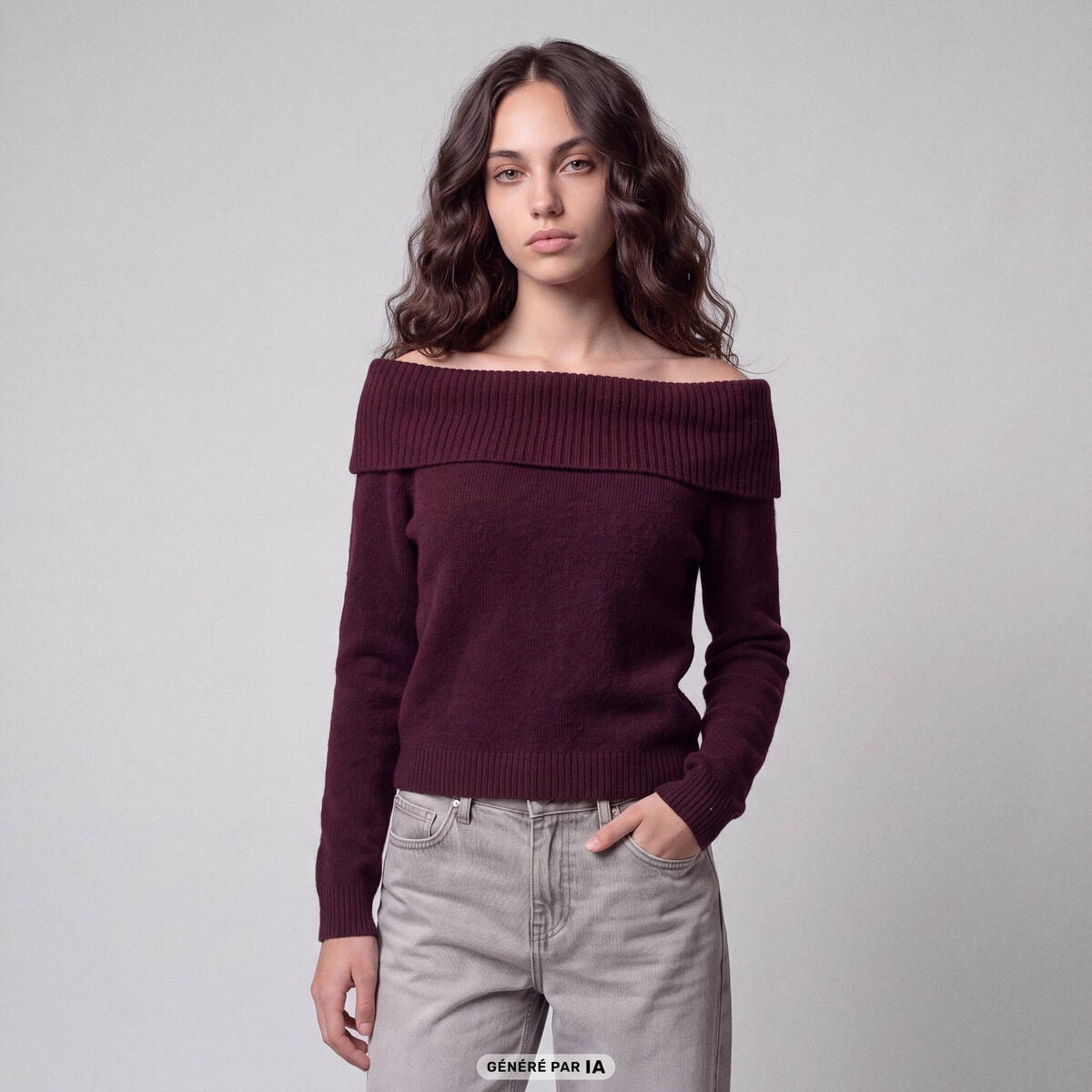 Pull col bardot manches longues bordeaux