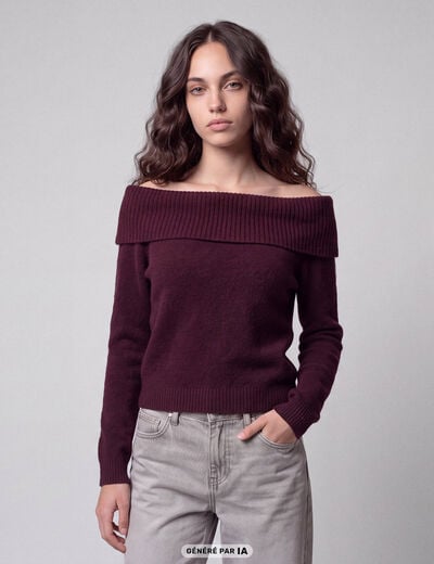 Pull col bardot manches longues bordeaux