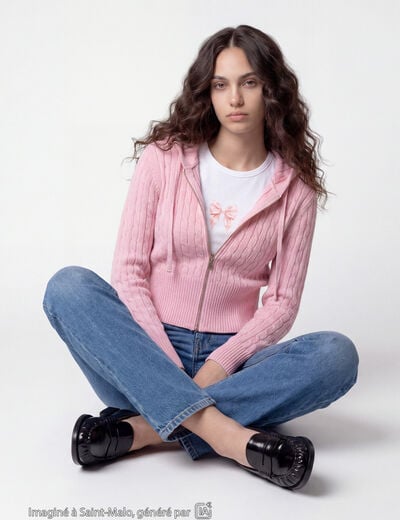 Gilet &agrave; capuche manches longues rose