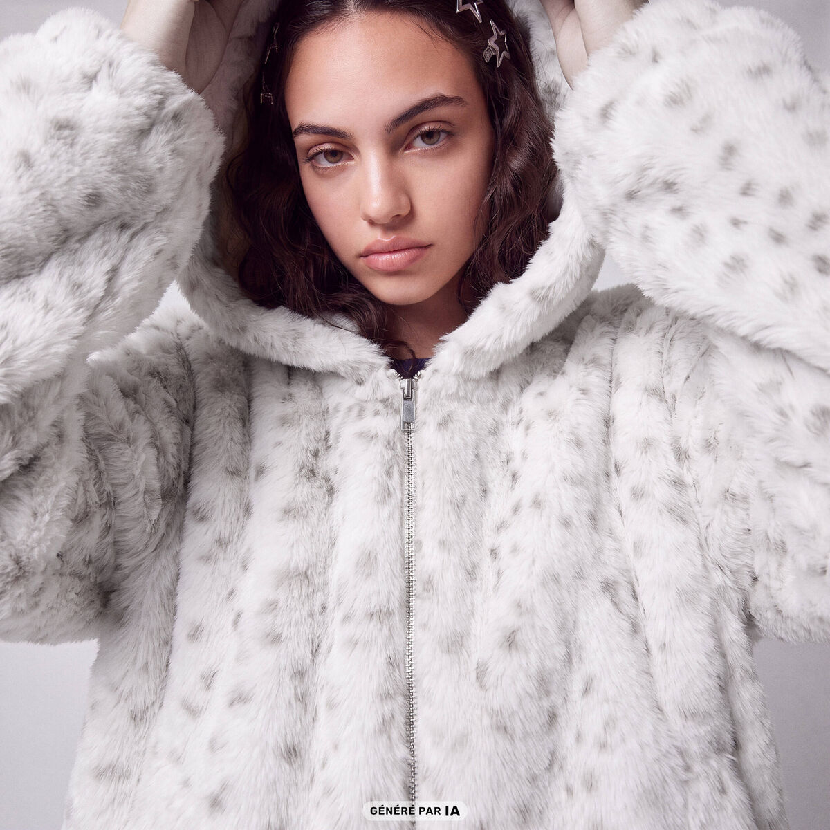 Blouson capuche fausse fourrure beige fonce