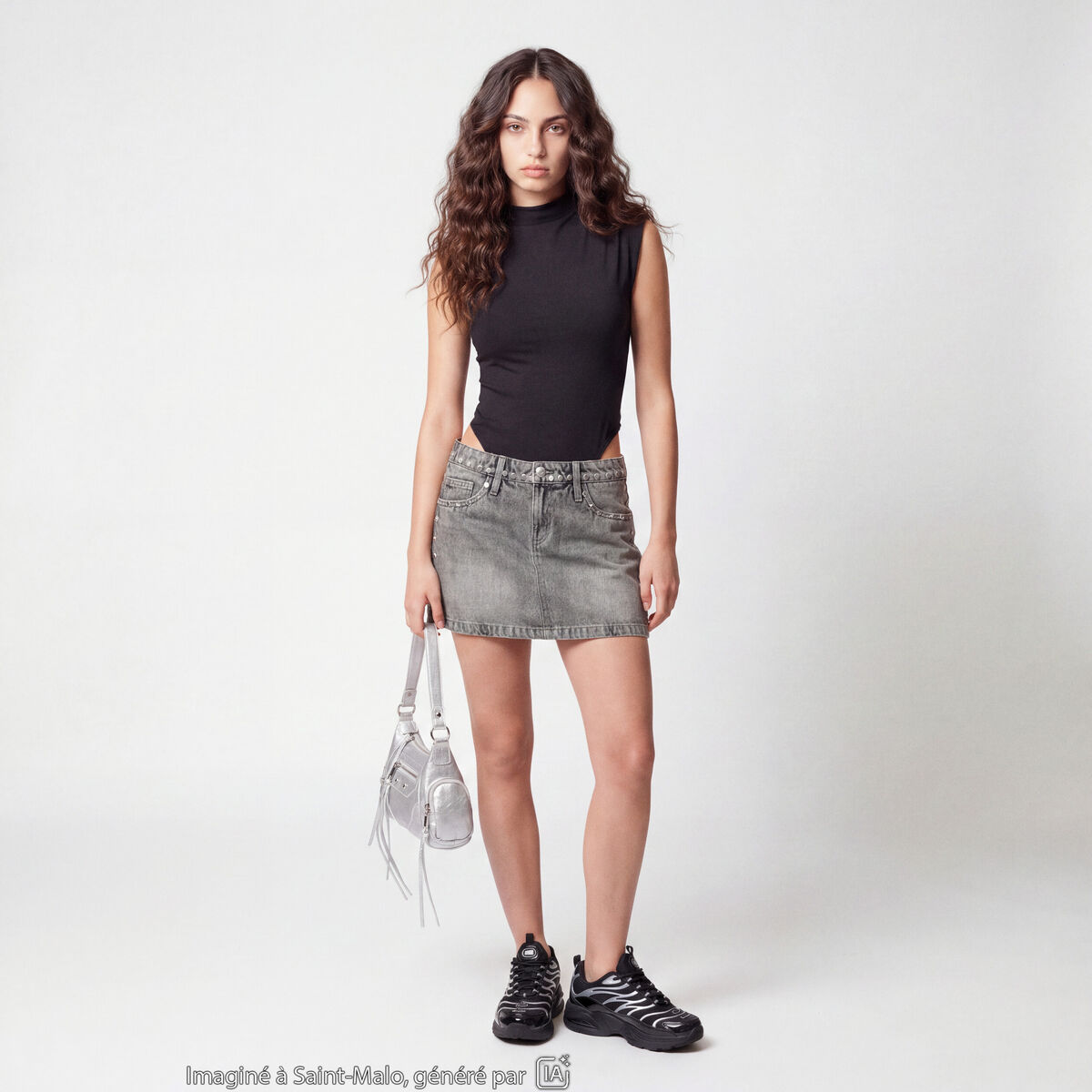 Jupe ajust&eacute;e courte en jean denim gris