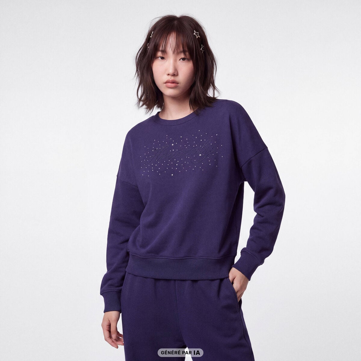Sweat col rond manches longues strass bleu marine