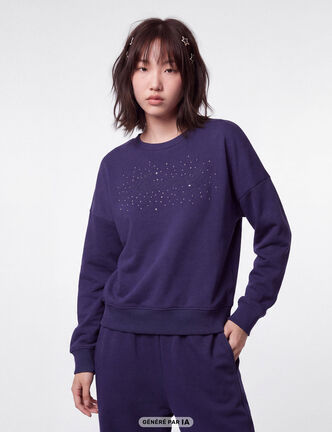 Sweat col rond manches longues strass bleu marine
