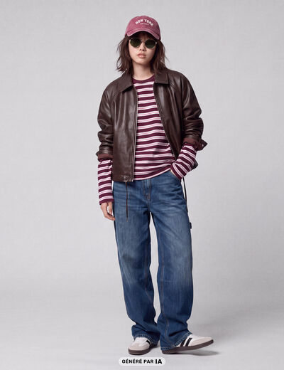 Blouson oversize court similicuir marron fonc&eacute;
