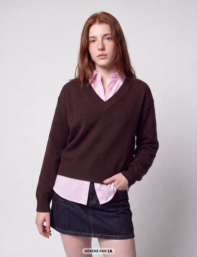Pull ajust&eacute; d&eacute;collet&eacute; manches longues marron fonc&eacute;