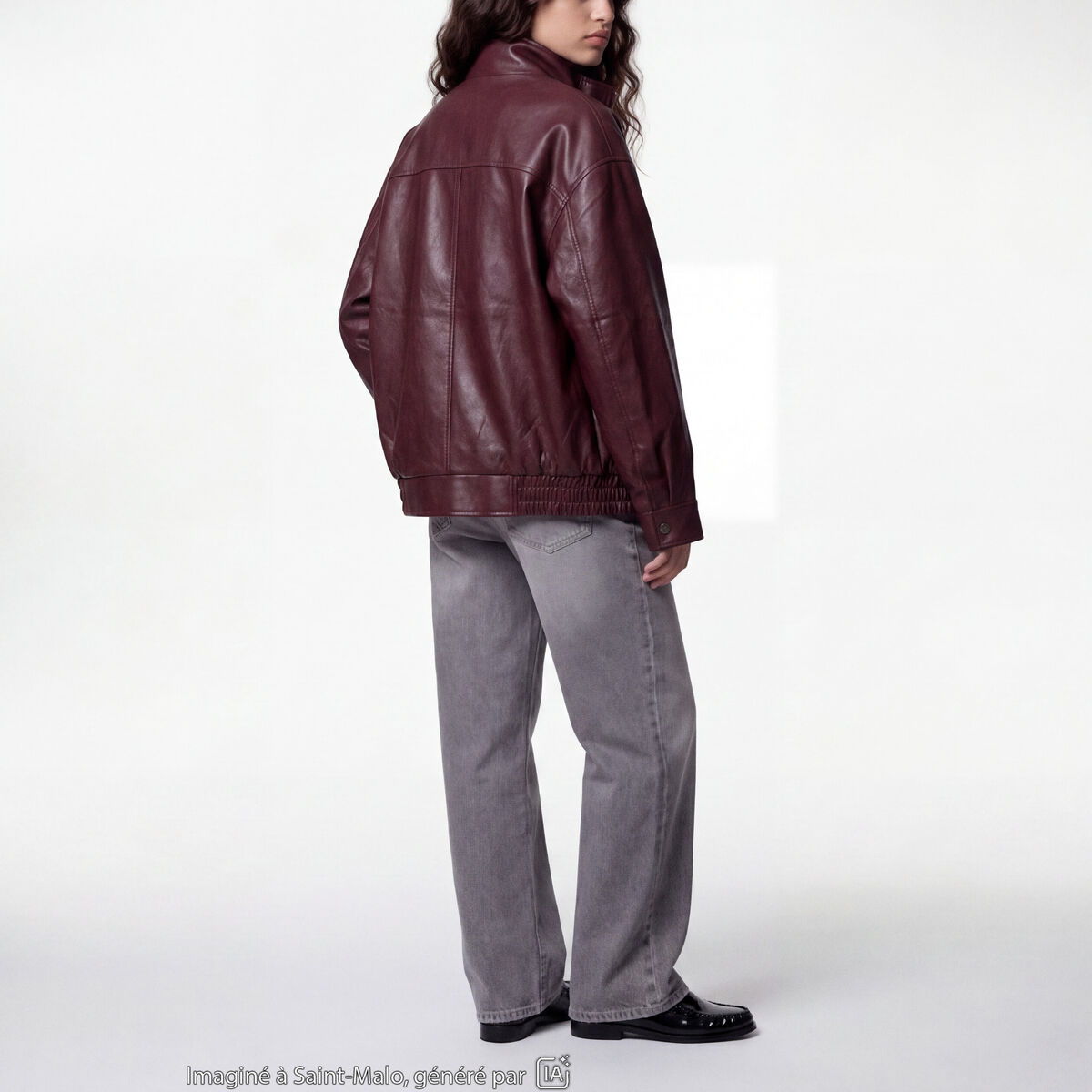 Veste oversize similicuir col biker bordeaux