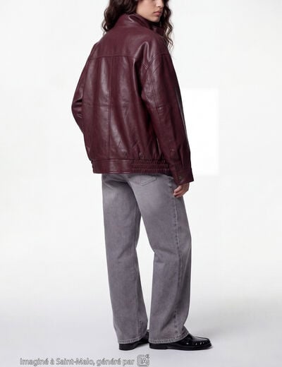 Veste oversize similicuir col biker bordeaux