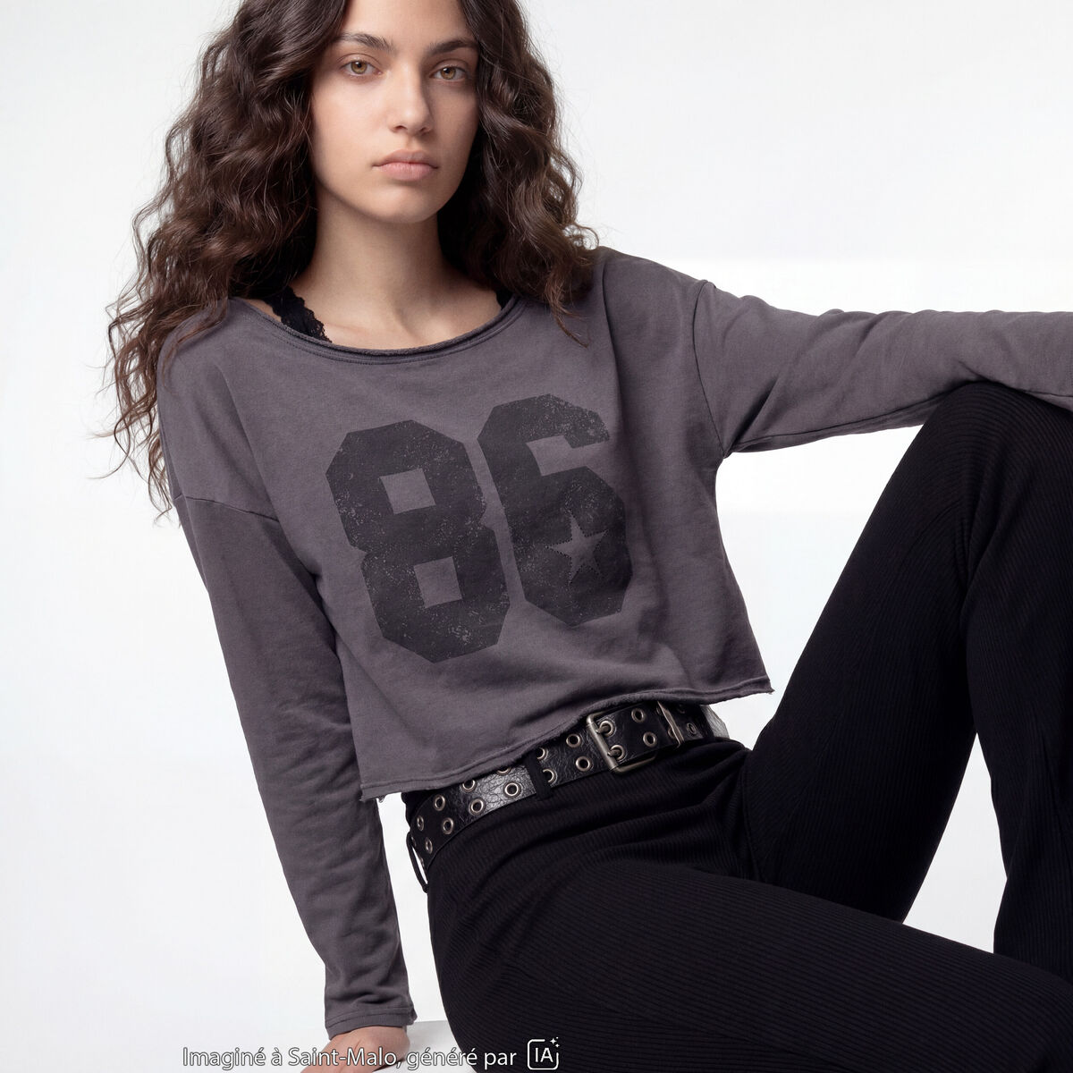 Sweat oversize cropped col bateau gris