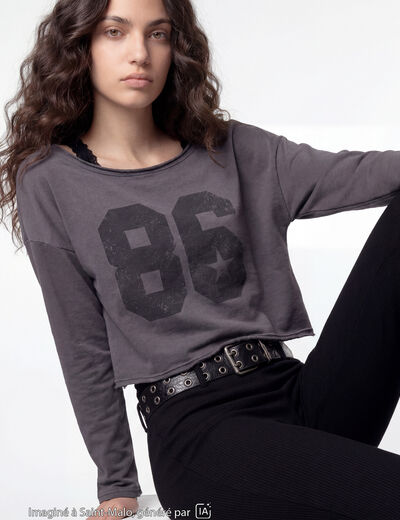 Sweat oversize cropped col bateau gris