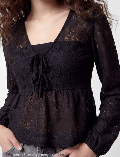 Chemise cintr&eacute;e dentelle col rond noir ado
