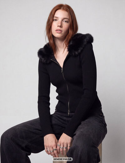 Gilet cintr&eacute; fausse fourrure &agrave; capuche noir