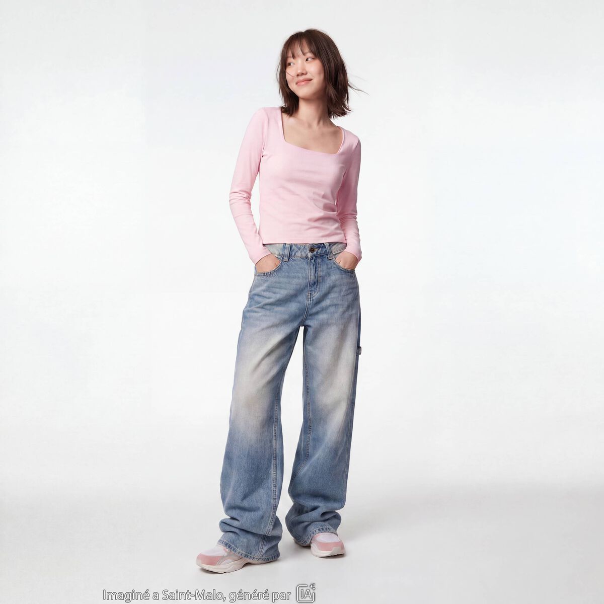 Jean loose taille standard denim bleach ado