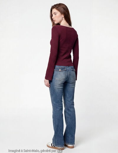 T-shirt cintr&eacute; col rond manches longues bordeaux