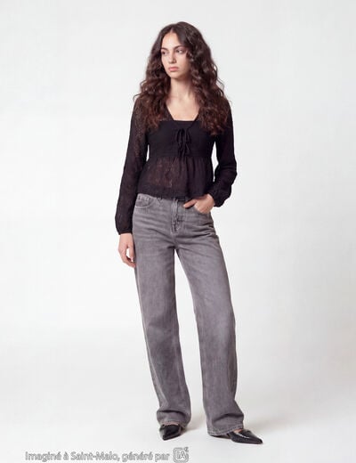 Chemise cintr&eacute;e dentelle col en V noir