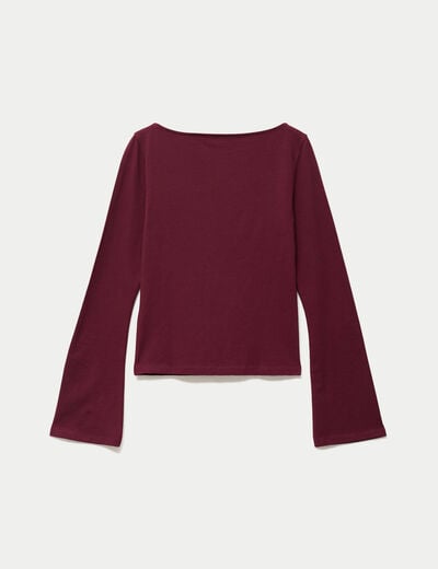 T-shirt cintr&eacute; col rond manches longues bordeaux