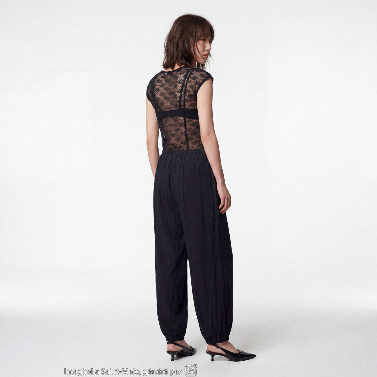 Pantalon large en cr&ecirc;pe taille standard noir ado