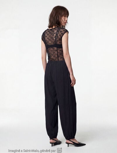 Pantalon large en cr&ecirc;pe taille standard noir ado