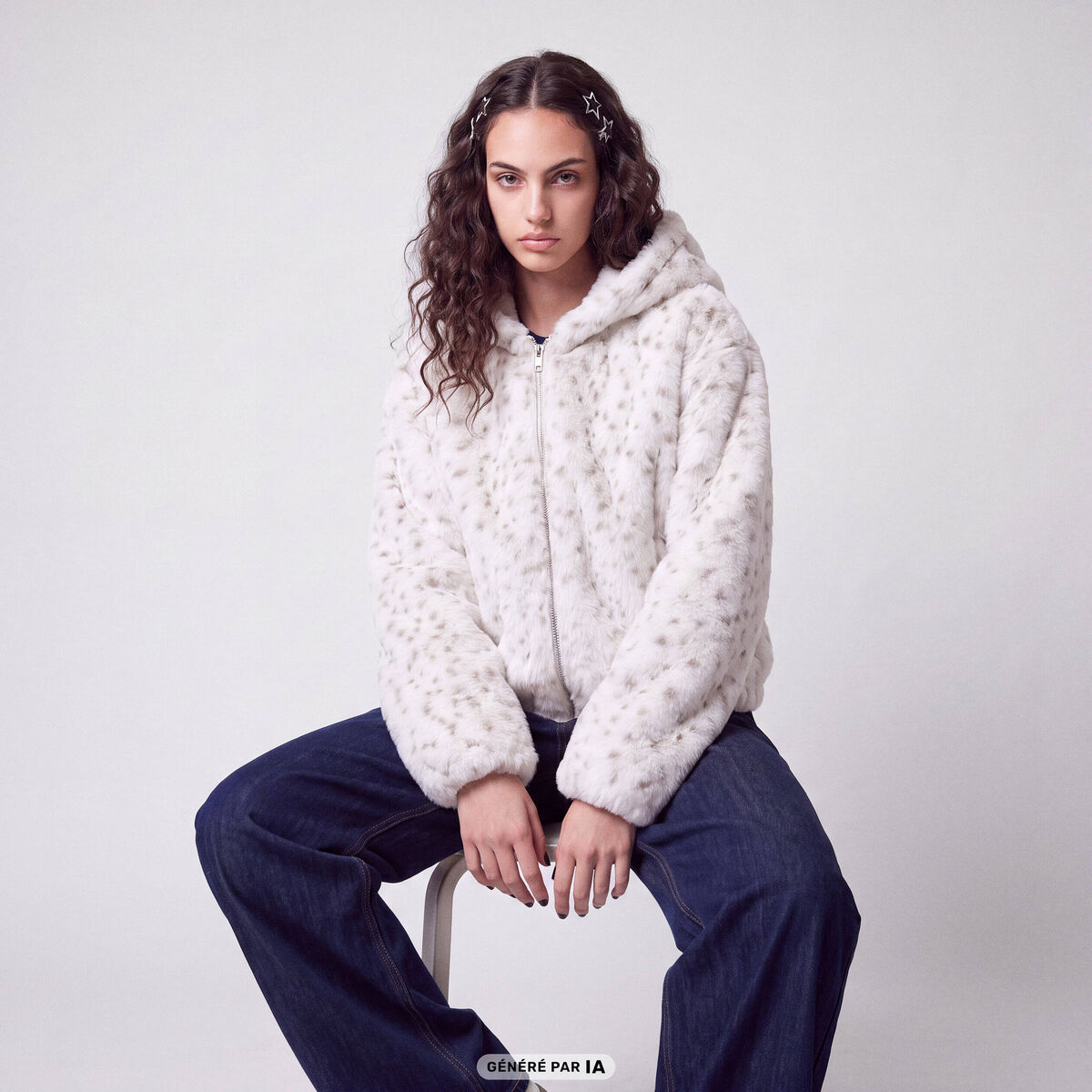 Blouson capuche fausse fourrure beige fonce