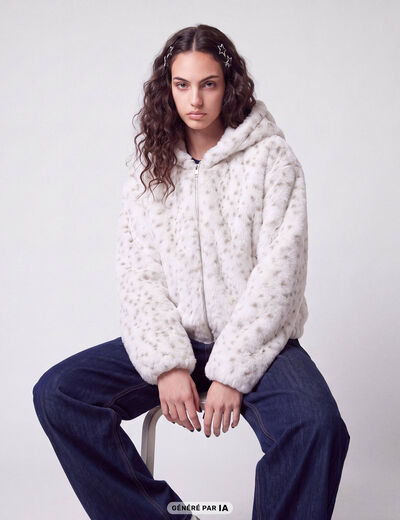 Blouson capuche fausse fourrure beige fonce