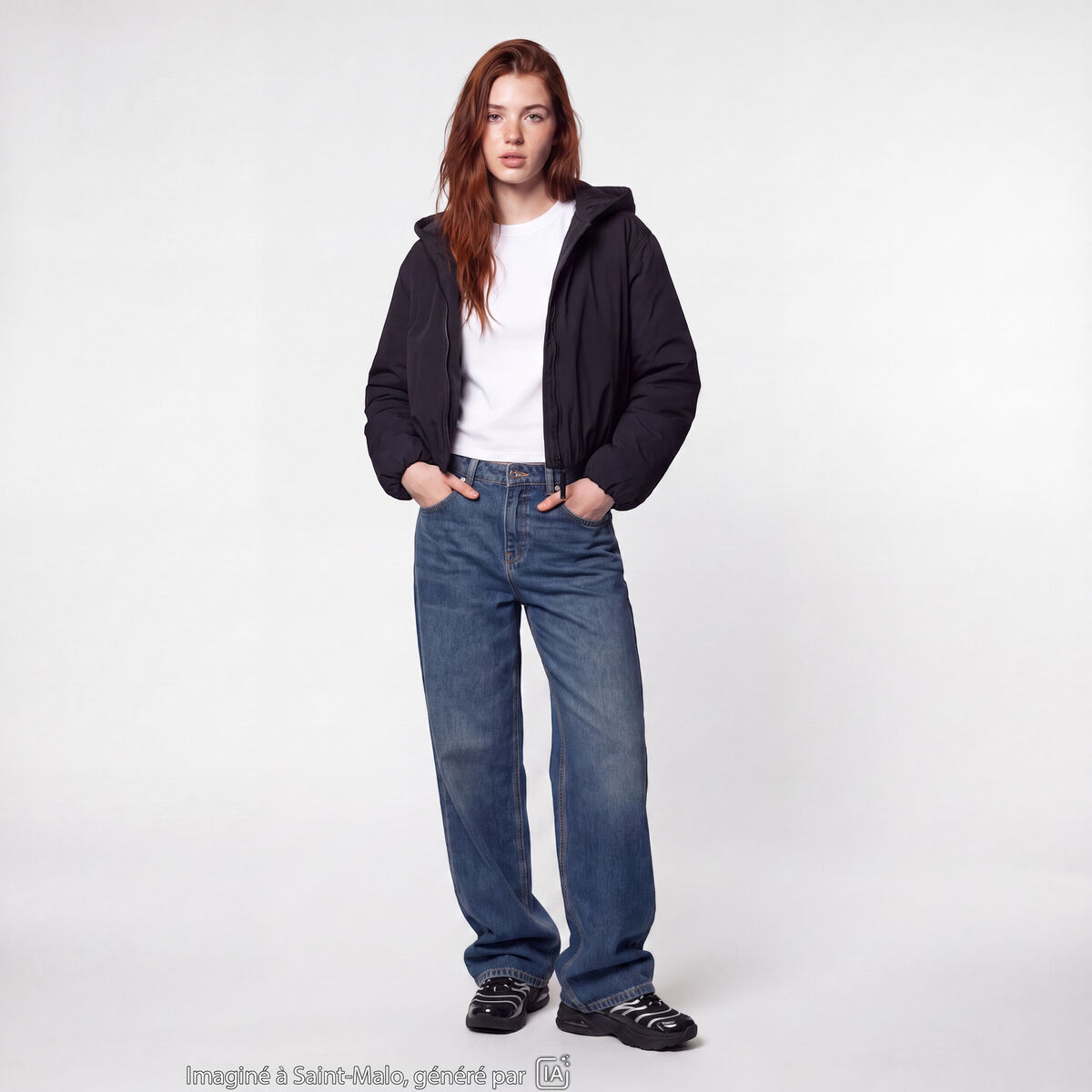 Blouson cropped &agrave; capuche bas resserr&eacute; noir