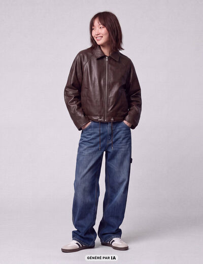 Blouson oversize court similicuir marron fonc&eacute;
