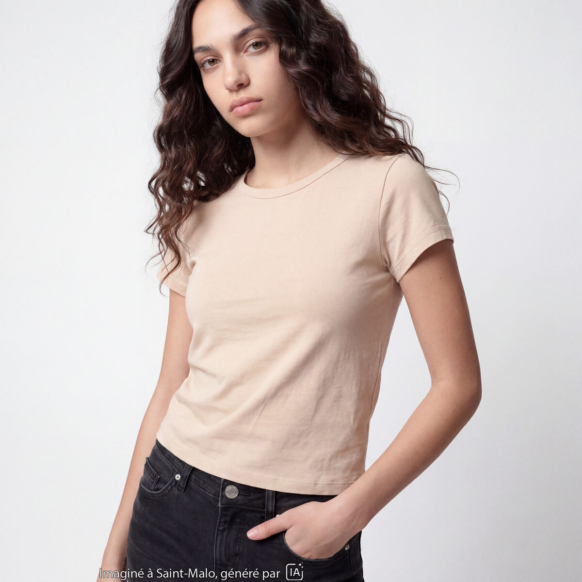 T-shirt ajust&eacute; col rond manches courtes marron clair