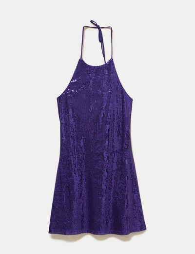 Robe sans manches &agrave; sequins col montant bleu electrique