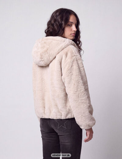 Blouson capuche fausse fourrure ecru