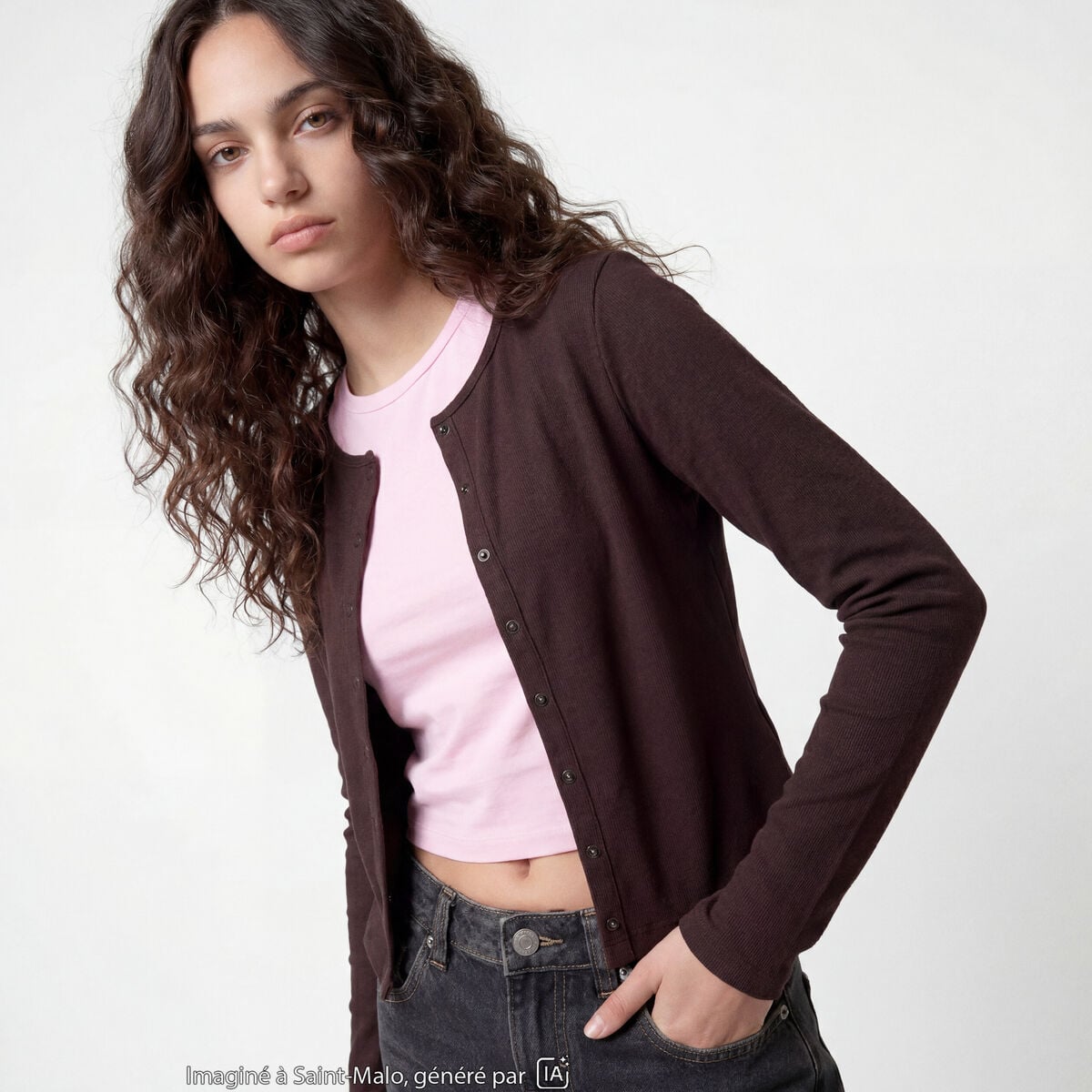 Gilet ajust&eacute; col rond manches longues marron fonc&eacute;