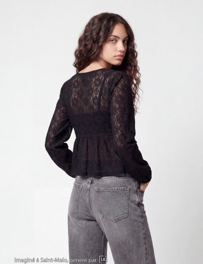 Chemise cintr&eacute;e dentelle col en V noir