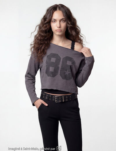 Sweat oversize cropped col bateau gris
