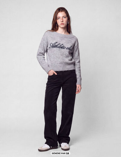 Pull col rond manches longues gris fonc&eacute;