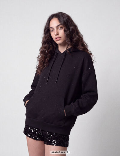 Sweat boyfriend brillant &agrave; capuche noir