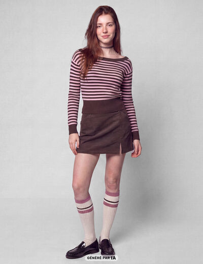 Pull col bateau manches longues marron fonc&eacute;