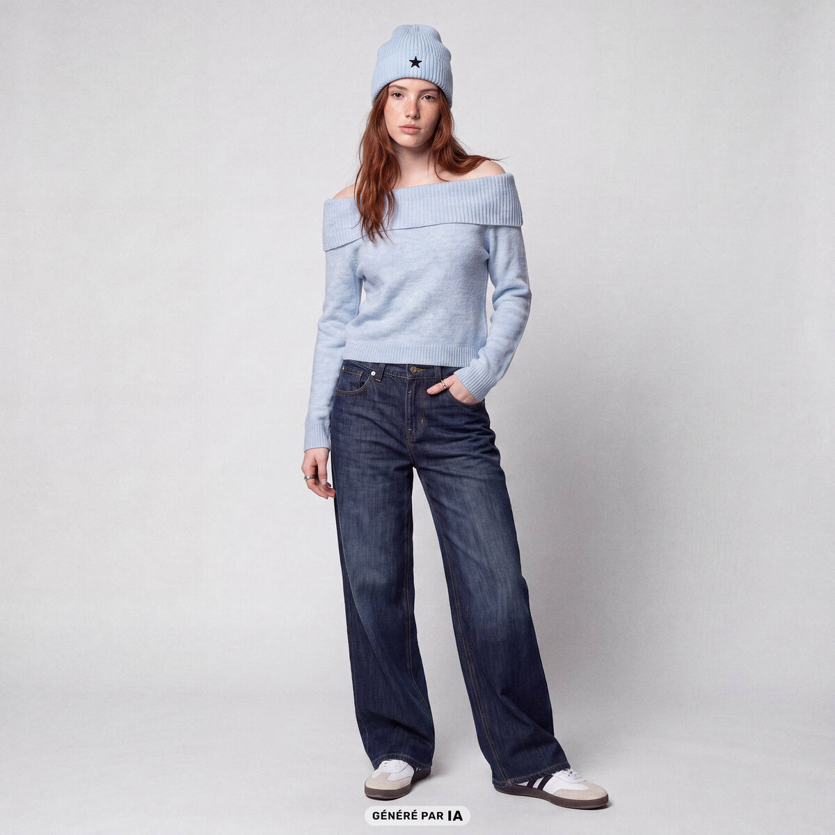 Pull col bardot manches longues bleu ciel