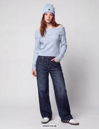 Pull col bardot manches longues bleu ciel